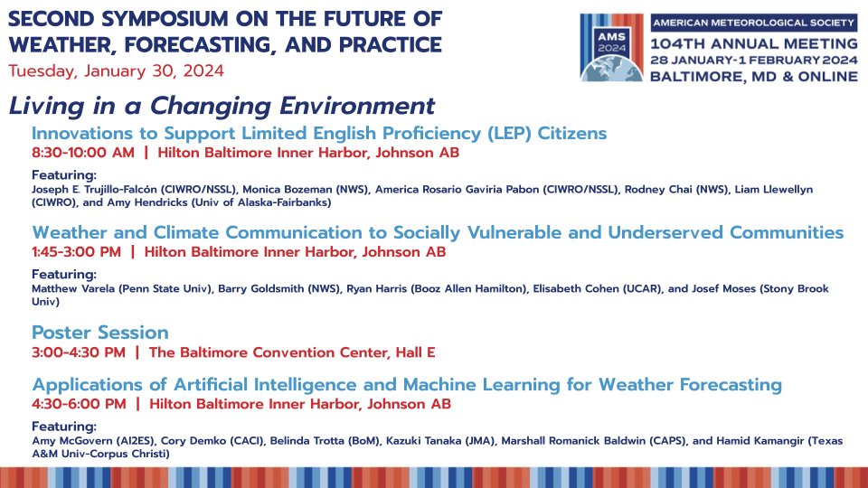 Tomorrow (Tuesday 1/30) at 2FUTURE, join us and @AMS_WAF as we discuss innovations to support LEP citizens, communication to vulnerable and underserved communities, and AI/ML applications for weather forecasting! #AMS2024