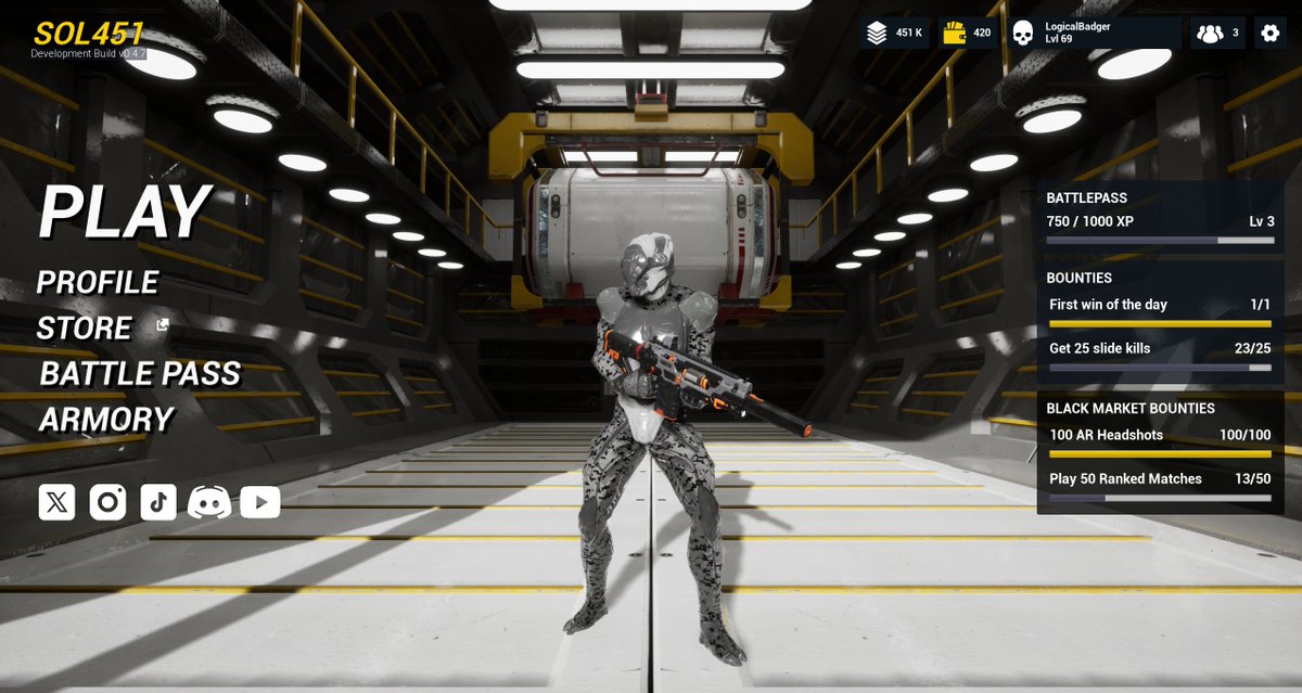SOL451Game's tweet photo. Screenshot Saturday! Check out our main menu, it's getting closer to our vision ๐ #SOL451 #FPS #IndieGameDev #UE5 #UnrealEngine5 #web3 https://t.co/TjAyBnqLaT