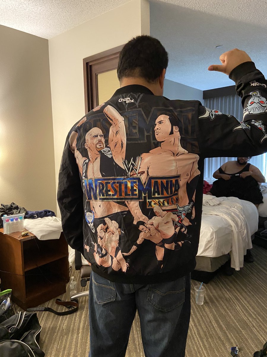 I’m Royal Rumble Ready. Rockin my @chalklineco @WrestleMania 17 jacket that showcased the most revered match of the legendary Trilogy Rivalry of @TheRock & @steveaustinBSR. @tropicanafield, see you soon. #RoyalRumble #WrestleMania #ChalkLine #WrestleCationTampa2K24