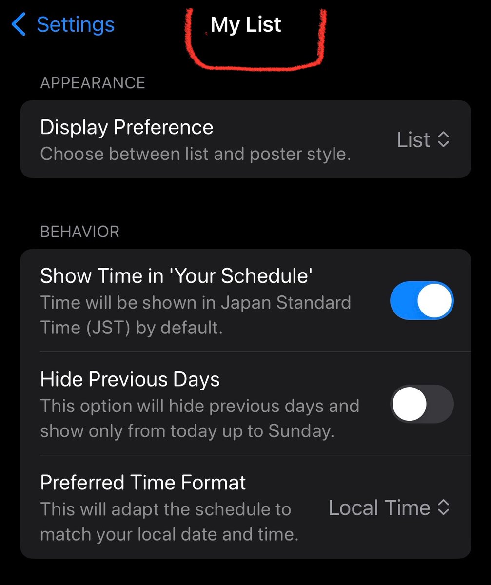 Annie__BE's tweet photo. @AppKitsune Hi! Love your app but just found a small UI hiccup: if you open “Settings” &amp; select  “Your Schedule”, the title at the top of the page is  saying “My List” instead of “Your Schedule”. 😊 https://t.co/B8QNCOihIK