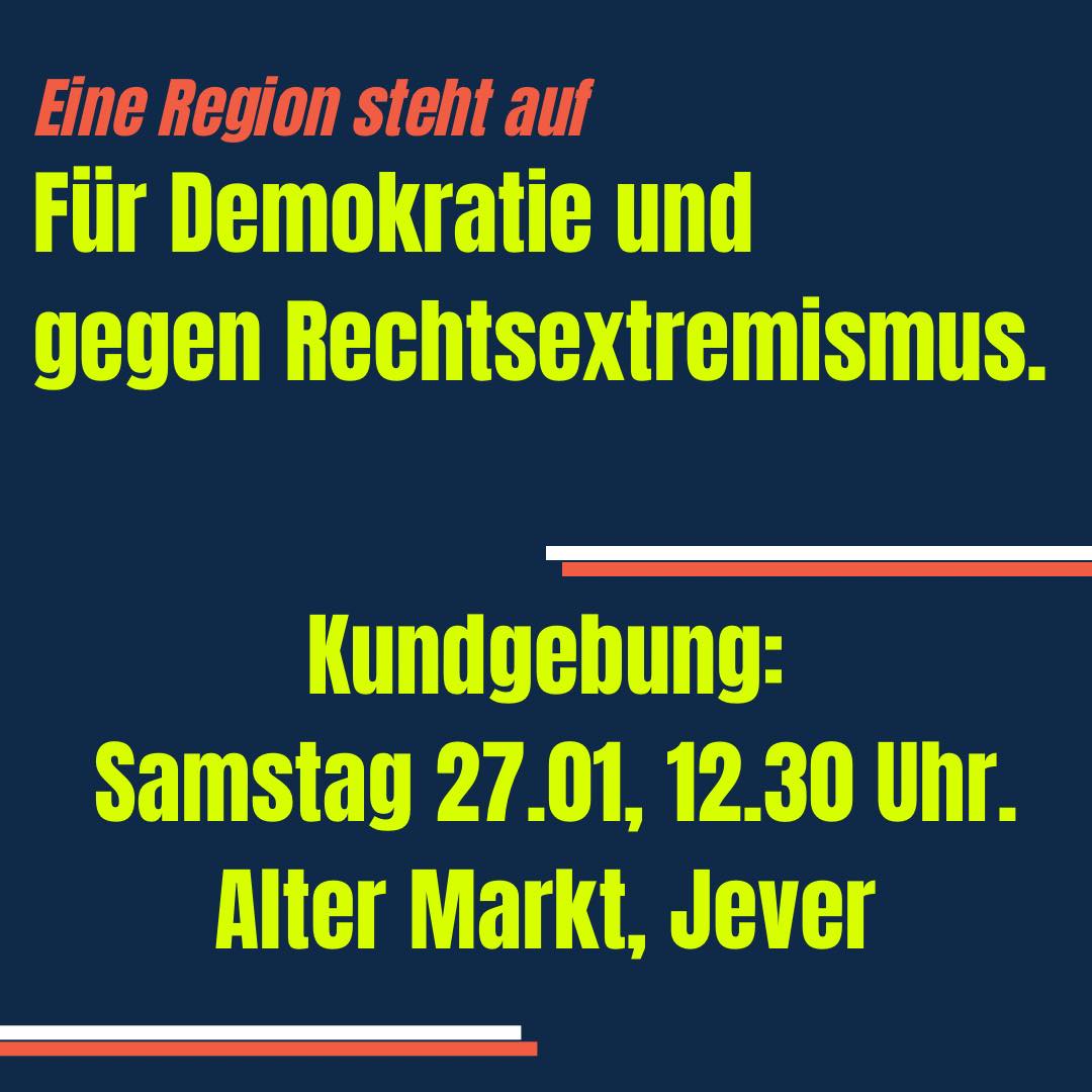 Friesland: Wir haben mit  zur Kundgebung "Eine Region steht auf: Gemeinsam für Demokratie und  gegen Rechtsextremismus" in Jever aufgerufen. Über 1.000 Menschen fanden sich heute, Samstag, 27.1.24, auf dem Alten Markt ein. Danke an alle!

#DemokratieVerteidigen #NieWiederIstJetzt