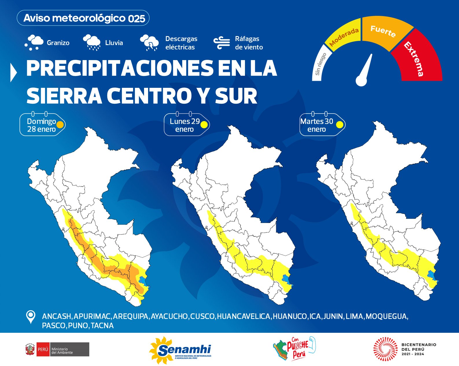 Del 28 al 30 de enero, se registrarán precipitaciones (nieve, granizo, aguanieve y lluvia) en la sierra centro y sur.