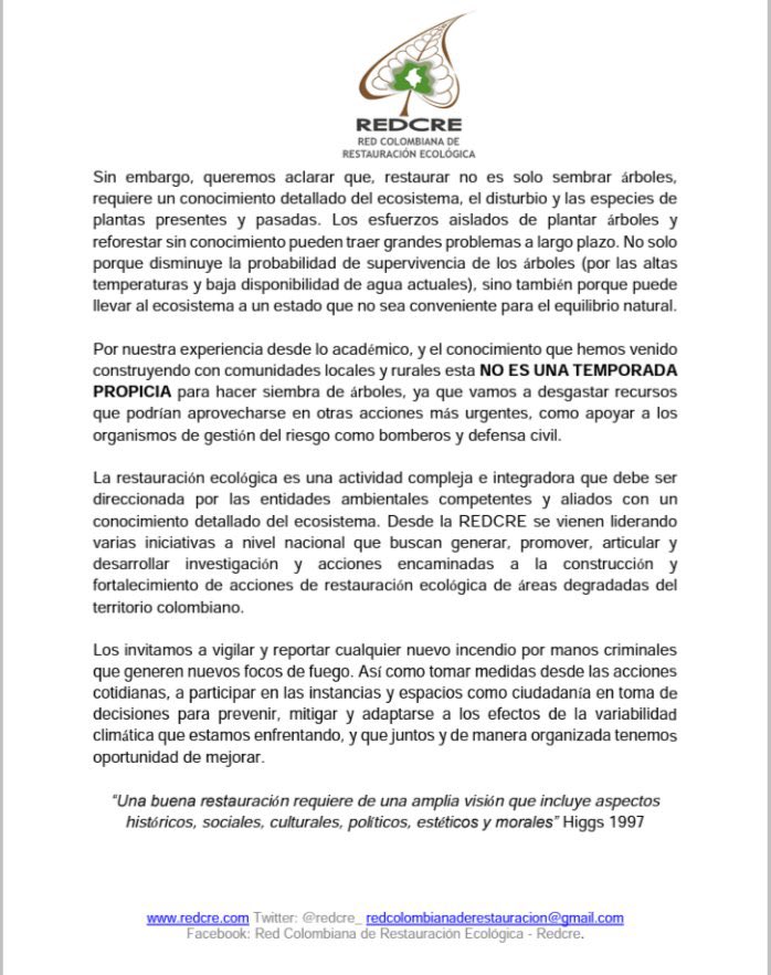 Desde la Red Colombiana de Restauración Ecológica queremos hacer algunas recomendaciones y aclaraciones sobre los eventos de incendios forestales. Estamos en la disposición de articular con sociedad civil, instituciones estatales y organizaciones para aportar conocimiento