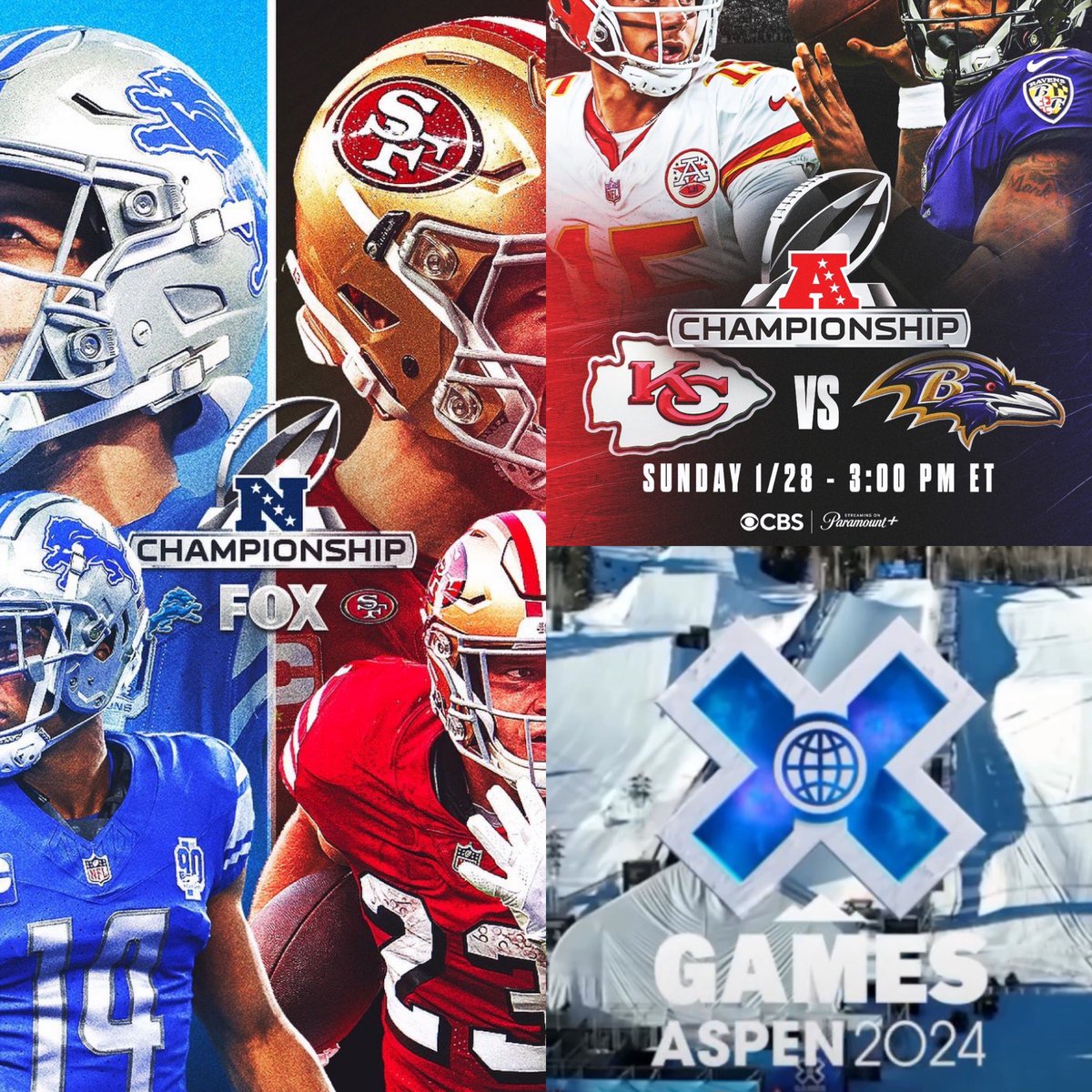 Our teams out there on the biggest stages 💪🏽✨🫡. Tune in tomorrow! #NFCChampionship #AFCChampionship #NFL #AFC #NFC #XGamesAspen #XGames