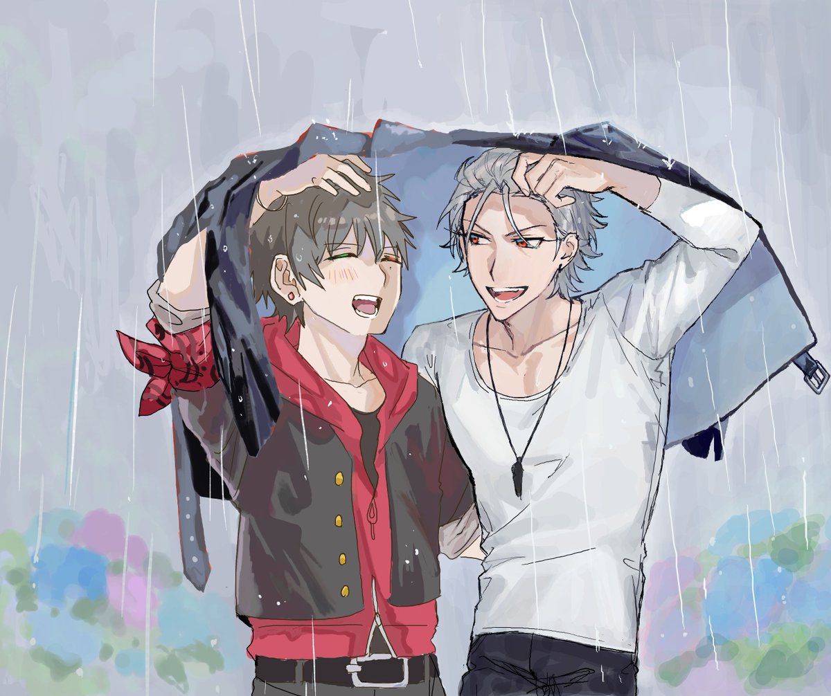 2boys multiple boys male focus rain jewelry jacket closed eyes  illustration images