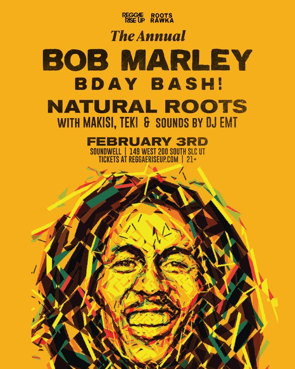 1 Week Away!❤️💚💛 

Don't miss The Annual Bob Marley Bday Bash with performances by Natural Roots, Makisi, Teki & Sounds by DJ EMT.

FEB 3RD @ our place📍

Get Tickets @ SoundwellSLC.com 🔗 

What is your favorite Bob Marley song?

#BobMarley #SoundwellSLC #ReggaeRiseUp