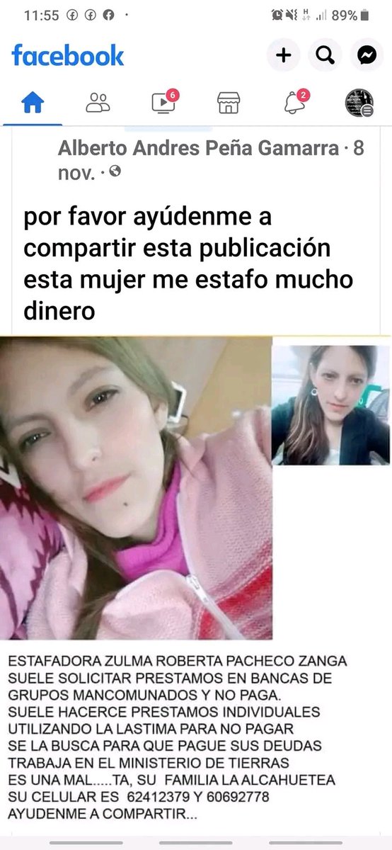 Scammer Zulma Roberta Pacheco Zanga. Usually requests loans from community group banks and does not pay. Usually makes individual loans using pity to avoid paying.
She is wanted to pay her debts, as well as tried to hit, a woman with her baby. Please help share this information.