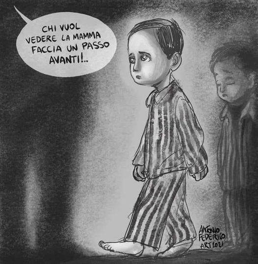 “Una mattina di novembre del 1944 le SS entrarono nella baracca dei bambini e con uno spregevole, avido e crudele tranello dissero:
-chi vuol vedere la mamma faccia un passo avanti!
Sergio De Simone, 7 anni, alla parola “mamma” non vi pensò due volte e fece un passo avanti. Con
