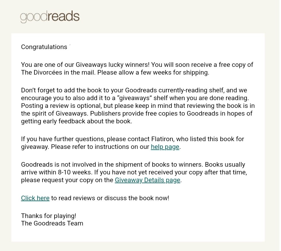 I won a book!

#HaveYouReadReviews #hyrr #TheDivorcees #GoodreadsWin #Goodreads #WonBooks #IWonABook