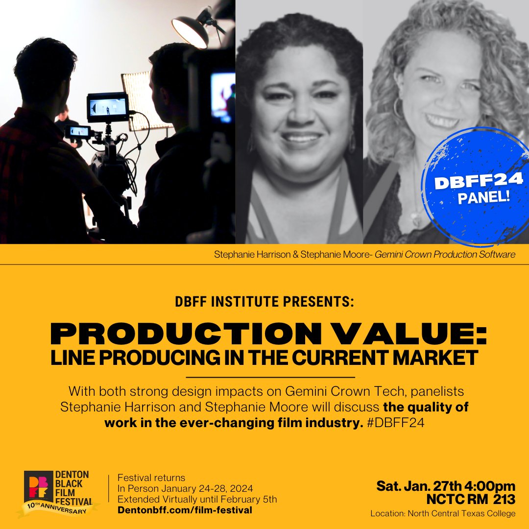 Join us today for a panel, 'Production Value: Line Producing in the Current Market,' discussing the quality of work in the ever-changing film industry with panelists Stephanie Harrison and Stephanie Moore. #DBFF24 📍North Central Texas College | 4pm | Room 213