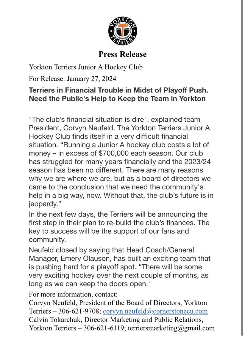 Terriers in Financial Trouble in Midst of Playoff Push.
Need the Public's Help to Keep the Team in Yorkton

#yorktonterriers
#SJHL
#supportlocal
#ittakesavillage