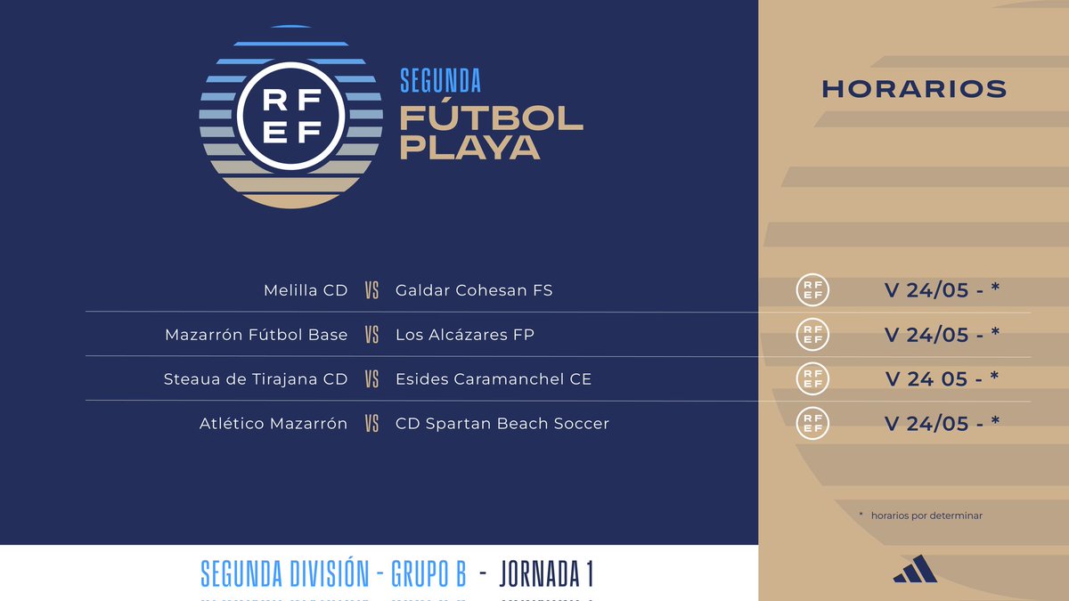 ℹ️ Celebrado el sorteo de los Campeonatos de 𝟭ª y de 𝟮ª División de Fútbol Playa Femenino y Masculino 2023/24

🏟 Once sedes acogerán, del 24 de mayo al 7 de julio, las 4️⃣ categorías de los Campeonatos Nacionales de #FútbolPlaya ⚽️🏖 de la <a href="/rfef/">RFEF</a>

🔗 bit.ly/SorteoFPrfef01