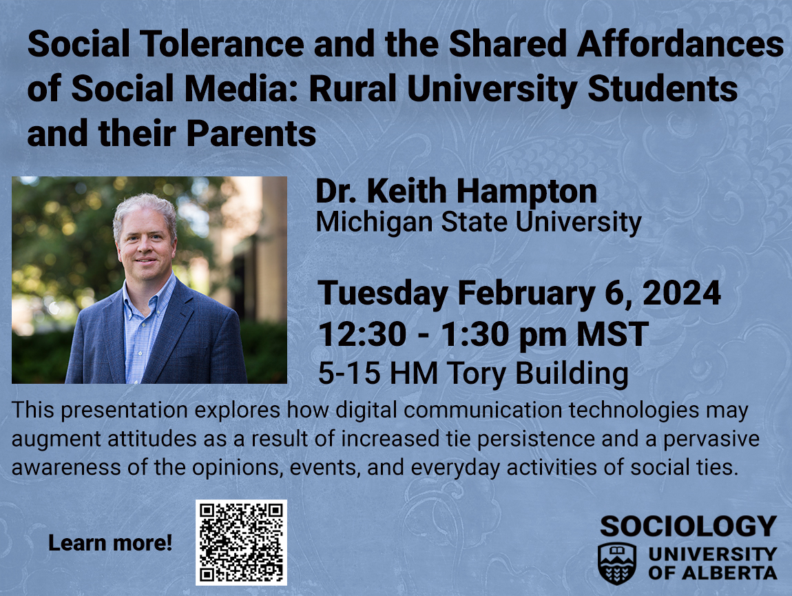Interested in learning about how digital technology and families intersect? Come attend a presentation hosted by Dr. Keith Hampton on February 6th! Register using the QR code below.