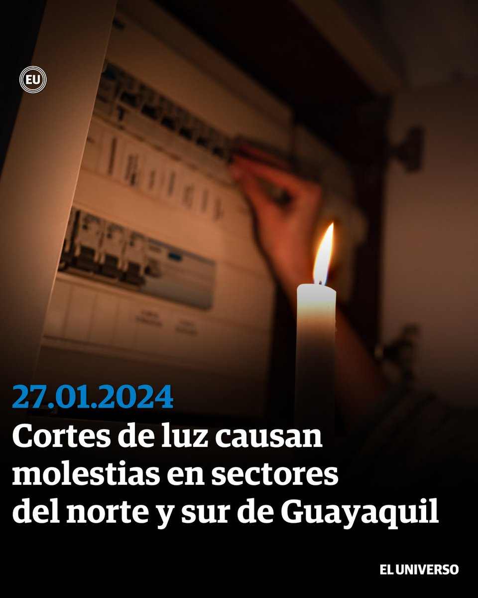 eluniversocom's tweet photo. Cortes de luz causan molestias en sectores del norte y sur de Guayaquil. https://t.co/AIbCOiyzZf

Suspensión de energía se ha registrado varias veces en el día, antes del 12:00, a las 14:00 y a las 15:30. En algunas zonas aún no se restablece el servicio. https://t.co/LUepNNkLYl