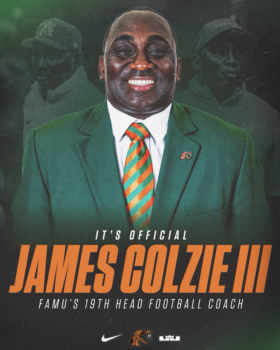 𝗜𝗧'𝗦 𝗢𝗙𝗙𝗜𝗖𝗜𝗔𝗟

James Colzie III has been named the 19th head football coach at Florida A&amp;M.

📰 famuathletics.com/CoachColzie

#FAMU | #Rattlers | #OurTime