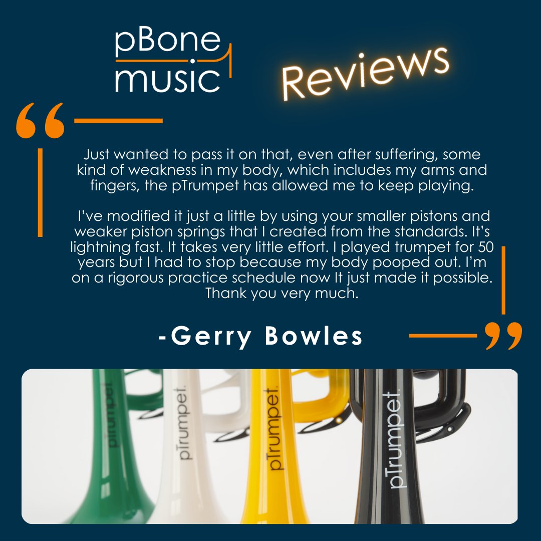 A lovely review from Gerry, a trumpet player who stopped playing after 50 years...😀 Now Gerry is back in the game, thanks to the pTrumpet! If you can relate, reach out or comment below ⬇️. We're committed to helping you get back to playing! 🎶 🎉 bit.ly/3S7e2A1