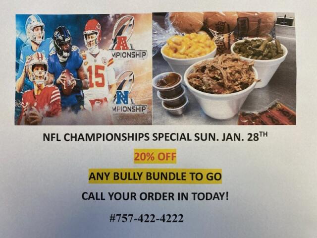 BeachBullyBBQ's tweet photo. 🚨BULLY BUNDLE DEAL🚨 FOOTBALL AND FOOD🏈
For the next 3 Sundays our bully bundles will be 20% off for football Sunday! 
Call us at 757-422-4222 to place an order OR come in and order TO-GO ONLY https://t.co/qdyBhaPZtt