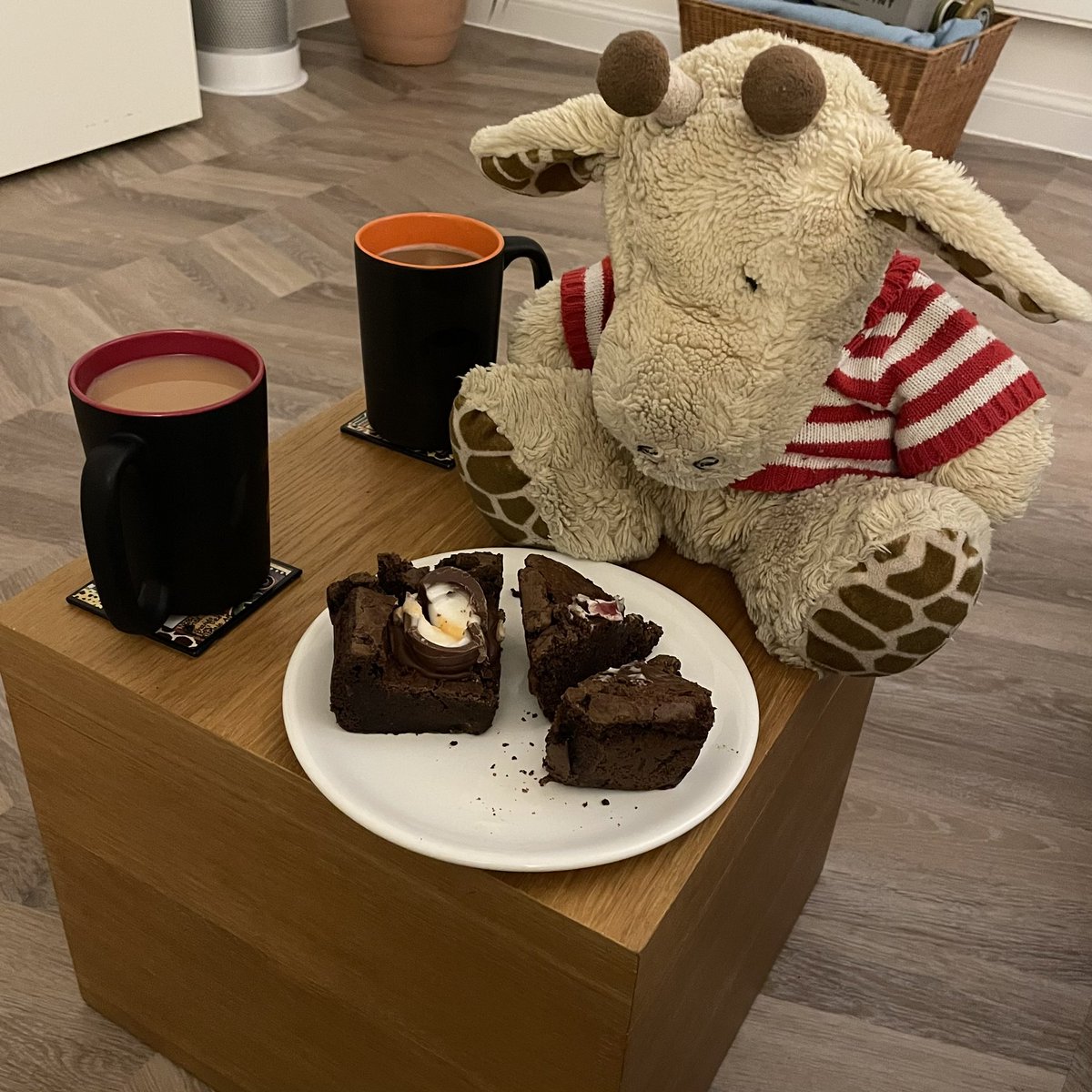 Deciding which choccie brownie to have first - Creme Egg or Black Forest Gateaux? #NationalChocolateCakeDay