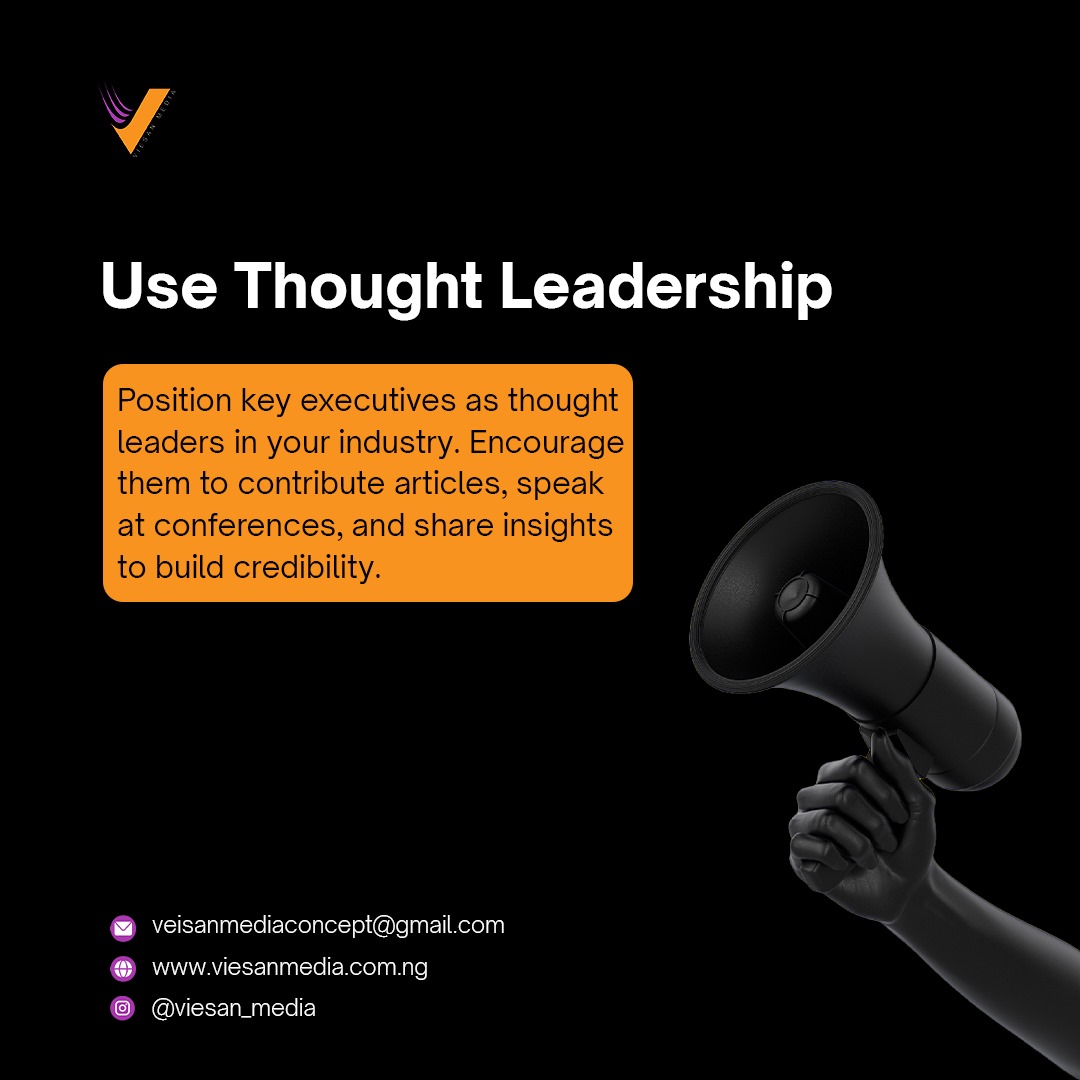 Elevate key executives as industry thought leaders by motivating them to contribute articles, speak at conferences, and share insights to foster creativity.

#thoughtleadership #industryinsights #viesanmedia #gistlover #creativityinbusiness #conferencespeaker #viralpost