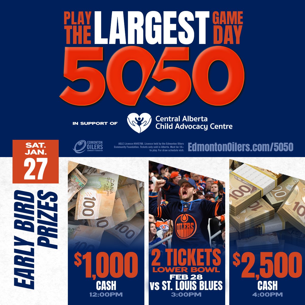 Congrats to the holder of #HockeyTalks 50/50 ticket A-101863263 who's won $1,000 & the holder of ticket A-108946127 who's scored lower-bowl seats for #Oilers vs. Blues! Support @CentralABCAC for your shot at $2,500 at 4pm & more than $875,000 at 11pm! 🎟 edmontonoilers.com/5050tw