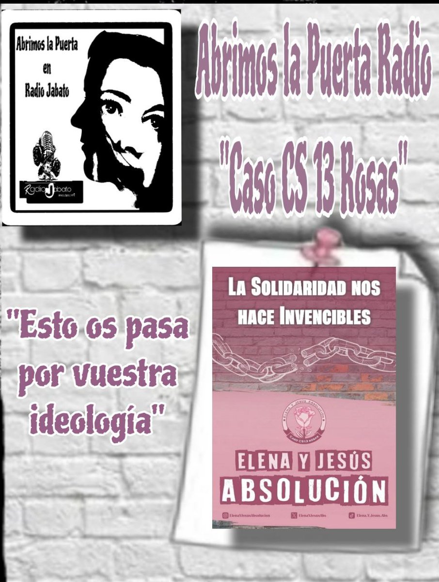 Nuevo programa de @analopezkhi en <a href="/radiojabato/">Radio Jabato</a> con #ABRIMOSLAPUERTA y el “Caso Centro Social 13 Rosas”
Entrevistamos a Jesús G. con la compañía de <a href="/NaniAbsolucion/">Nani Absolución</a>  <a href="/Nani_M_S/">Nani M.</a>.
Escucha sin #app en la #web:
radiojabato.es/?p=4237
En #ivoox:
go.ivoox.com/rf/123293424
👁️👇
Contenido