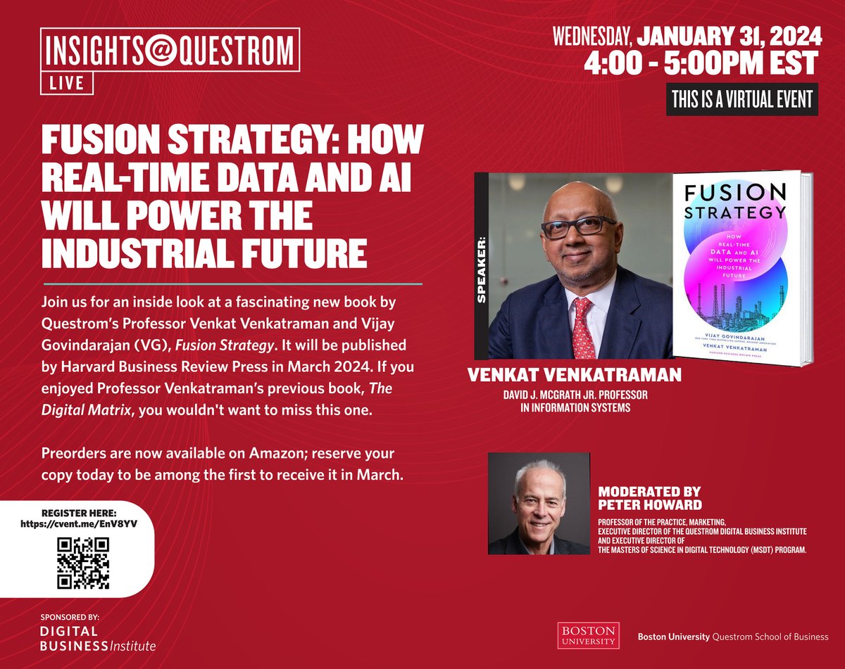 DBInstituteBU's tweet photo. Join us for the next event in our Digital Business Institute BU Webinar Series: 
Fusion Strategy
Wednesday, January 31, 2024, 4:00PM –5:00PM EST

Register: https://t.co/Th3jKRpQI3

@BUQuestrom https://t.co/SDe0yexRxm