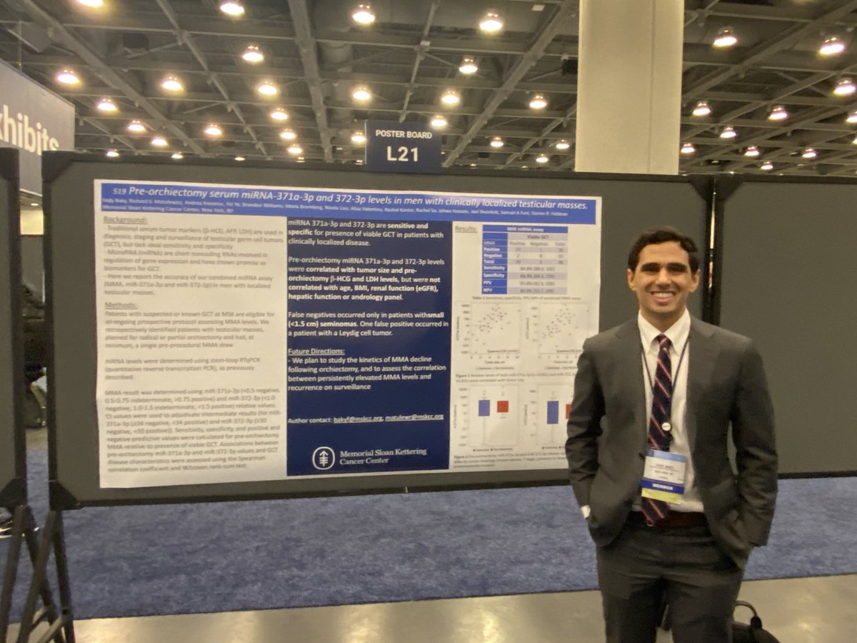 Star @UrologyMSK fellow Dr. Fady Baky presenting a poster on the MSK experience with our NYS DOH approved CLIA certified serum miRNA assay in stage I testis cancer showing high accuracy for predicting viable non-teratomatous GCT. @RichMatulewicz @AdityaBagrodia