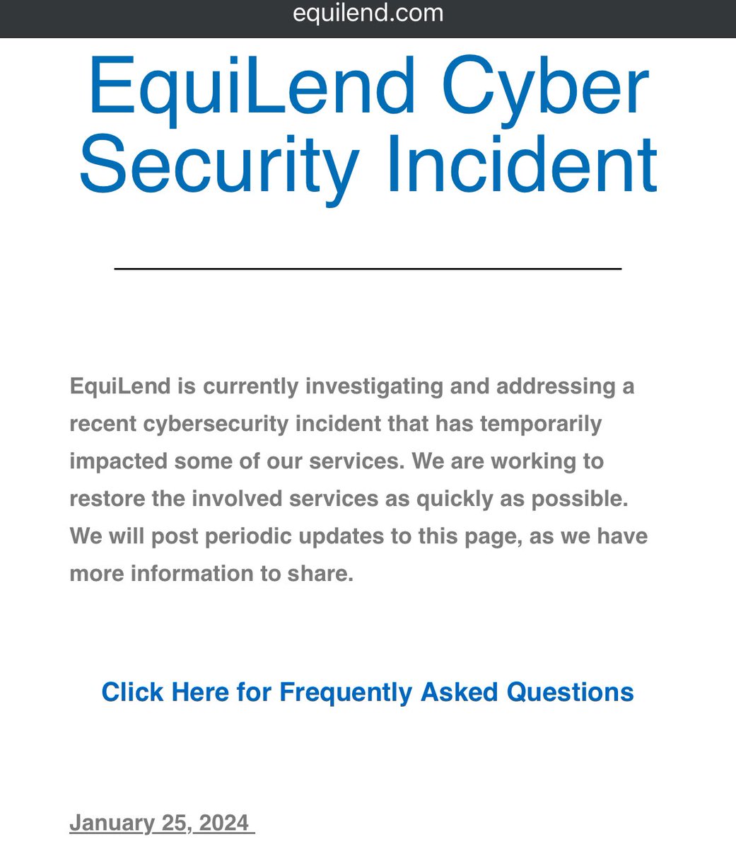 5tuxnet's tweet image. Securities lending #EquiLend has shut down its IT systems in the aftermath of a #cybersecurity incident. The incident took place on January 22. The company told customers it may take several days to restore services. EquiLend serves some of the world's largest banks and stock