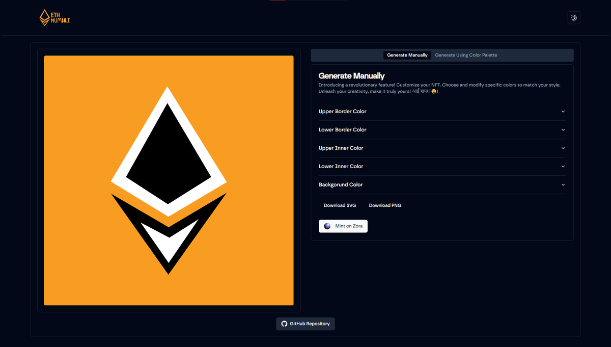 Code_Parth's tweet photo. ๐ Excited to present our submission for the "Approving Hackers in PUBLIC: Round 2" challenge by @ethmumbai! ๐ฅ
๐จ Explore the interactive ETHMumbai logo icon customization at:
https://t.co/vPAgXCJ9g6
๐ Join us in the challenge!
#ETHMumbai #Hackathon #Blockchain #NFTBuilder https://t.co/cY5WNkfLGG