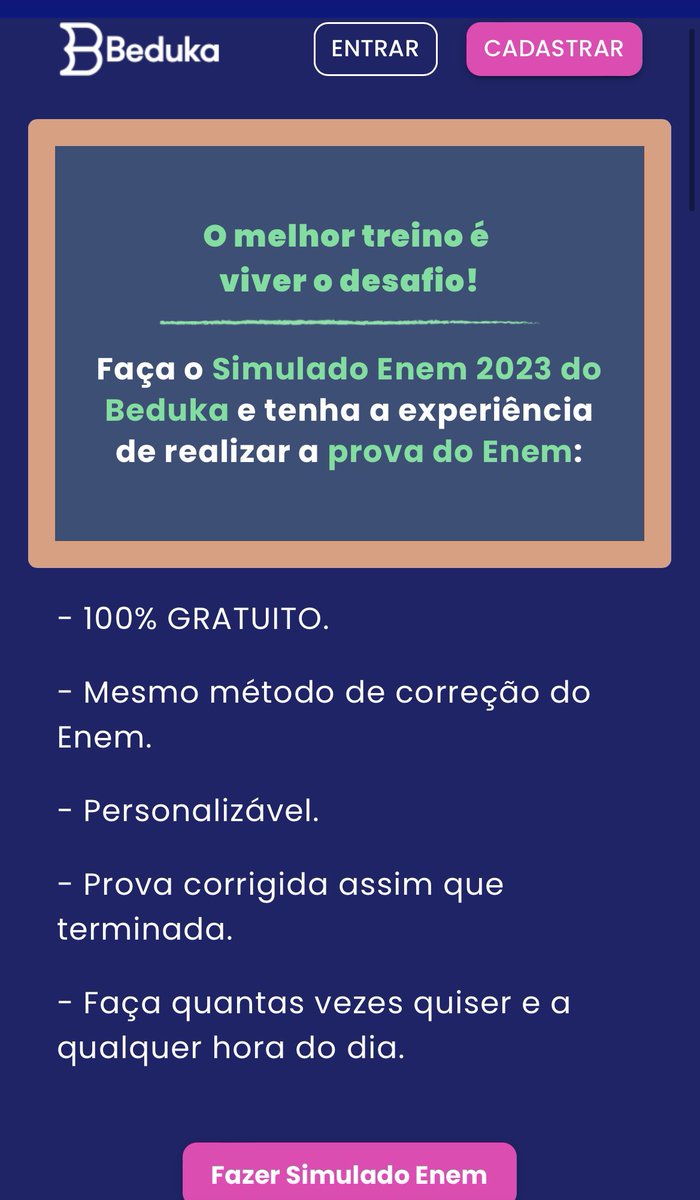 studymariamed's tweet image. PESSOAL🚨🚨
para quem ta em busca de um site para simulados modelos enem tem o beduka que é totalmente GRATUITO. 

Ate simulador de notas ele tem. 
link: beduka.com/simulado-enem/…