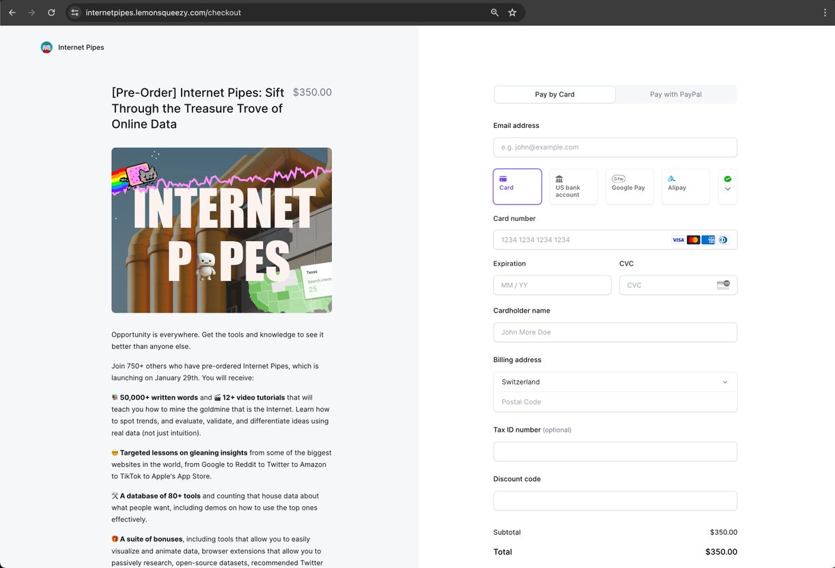 levelsio's tweet photo. Damn Lemon Squeezy checkout is good

They either use Stripe or made it look exactly like Stripe but it has the whole content section on the  left that must convert really well

Right now Stripe barely lets you add anything but some product name on the left side of their Checkout https://t.co/HwJwijJt9m