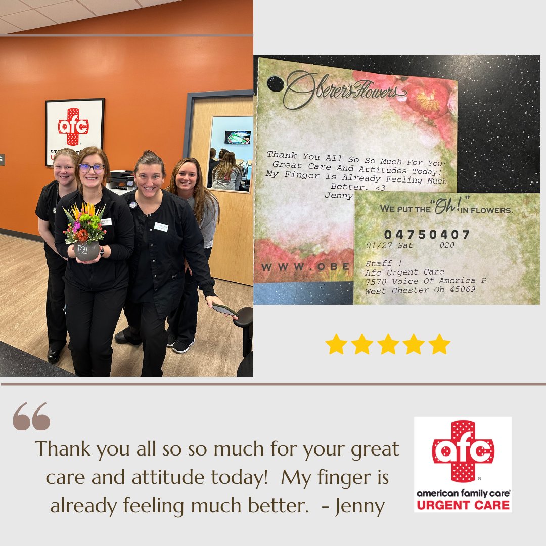 Thank you so much Jenny for the flowers and the card. It is our pleasure to be able to provide the best care to all of our patients and we will continue to do our best for you and all patients!! #FeelingAppreciated #AFCUrgentCare #UrgentCareNearMe #UrgentCareWestChester