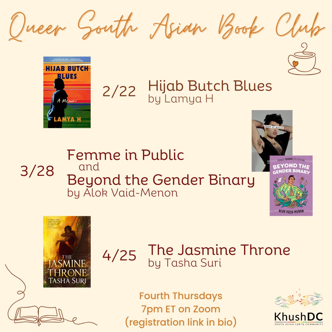 We've got some great books queued up for Queer South Asian Book Club in 2024! Join us to chat books on the 4th Thursday of every month at 7pm ET on Zoom (sign up w/ link in bio). 

Also, keep an eye out for an upcoming in-person QTAPI book swap w/ @aquadc1997 on Sunday, Feb 11!