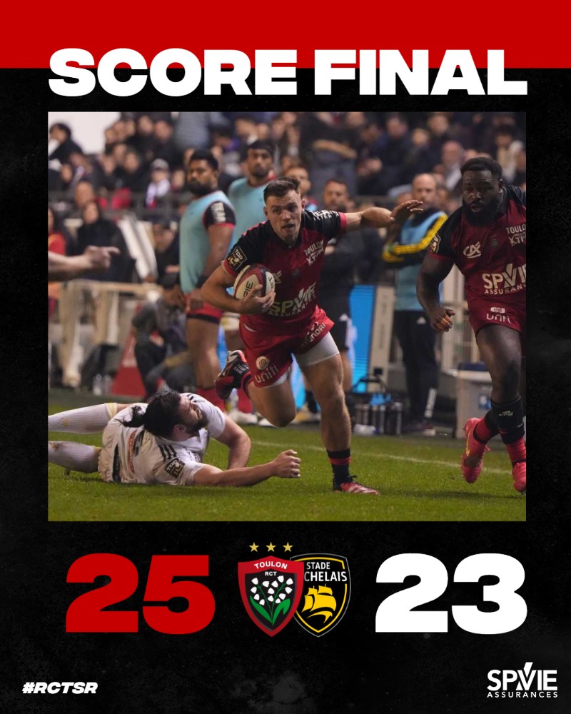 [⏱80'] 25-23
𝗩𝗜𝗖𝗧𝗢𝗢𝗜𝗜𝗜𝗜𝗥𝗥𝗥𝗘𝗘𝗘 🔥

Toulon s'impose en toute fin de match grâce à une ultime pénalité de Melvyn Jaminet 🔴⚫