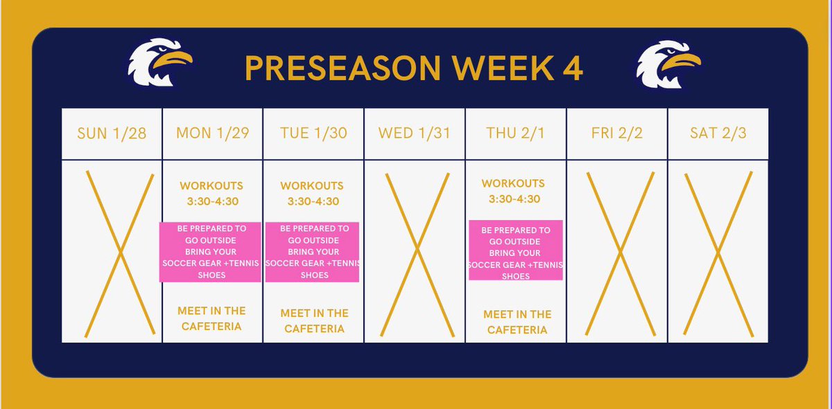 Preseason schedule week 4 ! 

🚨Schedule change - There is NO FUTSAL this Sunday 1/28.🚨

Bring soccer gear for workouts- we will likely be on the turf. 

4 weeks till tryouts 💪🦅
#Iamup