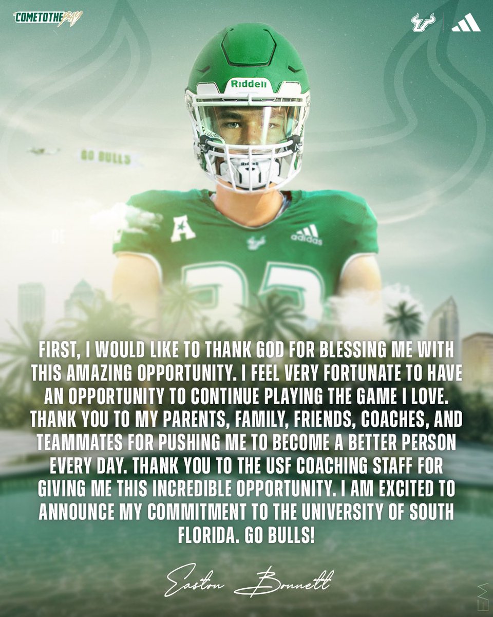 Easton Bonnett (@easton_bonnett) on Twitter photo 100% Committed!! GO BULLS 🟢⚪️🌴
<a href="/HKA_Tanalski/">Adam</a> <a href="/EdgewaterFB/">Edgewater Football</a> <a href="/AllAmericanKick/">All American Kicking</a> <a href="/USFFootball/">USF Football</a> <a href="/KohlsSnapping/">Kohl's Snapping Camps</a> <a href="/CoachGolesh/">Alex Golesh</a> <a href="/CoachMajewski/">Tyler Majewski</a> <a href="/CamDuke11/">Cam Duke</a> <a href="/HougrandE/">🏆Eric Hougrand🏆</a> <a href="/KornblueKicking/">Brandon Kornblue</a> <a href="/KornblueSnappin/">Kornblue Snapping</a> @trentbonnett <a href="/PrepRedzoneFL/">Prep Redzone Florida</a> <a href="/KiddRyno_Rivals/">Ryno</a> <a href="/larryblustein/">Blustein Recruiting</a> <a href="/Barstool_USF/">Barstool USF</a> <a href="/FentressKicking/">Fentress Kicking</a> 100% Committed!! GO BULLS 🟢⚪️🌴
<a href="/HKA_Tanalski/">Adam</a> <a href="/EdgewaterFB/">Edgewater Football</a> <a href="/AllAmericanKick/">All American Kicking</a> <a href="/USFFootball/">USF Football</a> <a href="/KohlsSnapping/">Kohl's Snapping Camps</a> <a href="/CoachGolesh/">Alex Golesh</a> <a href="/CoachMajewski/">Tyler Majewski</a> <a href="/CamDuke11/">Cam Duke</a> <a href="/HougrandE/">🏆Eric Hougrand🏆</a> <a href="/KornblueKicking/">Brandon Kornblue</a> <a href="/KornblueSnappin/">Kornblue Snapping</a> @trentbonnett <a href="/PrepRedzoneFL/">Prep Redzone Florida</a> <a href="/KiddRyno_Rivals/">Ryno</a> <a href="/larryblustein/">Blustein Recruiting</a> <a href="/Barstool_USF/">Barstool USF</a> <a href="/FentressKicking/">Fentress Kicking</a>