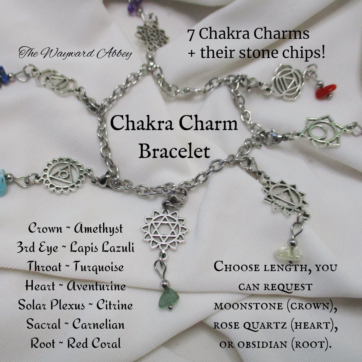 Chakra Charm Bracelet

4mm stainless steel chain, all findings are steel. The charms are all alloy &amp; represent each of the 7 chakras. Each charm is matched with their corresponding chips.

thewaywardabbeystore.etsy.com/listing/117251…

25% off today &amp; tomorrow, no code needed!

~Blessings~Courtney