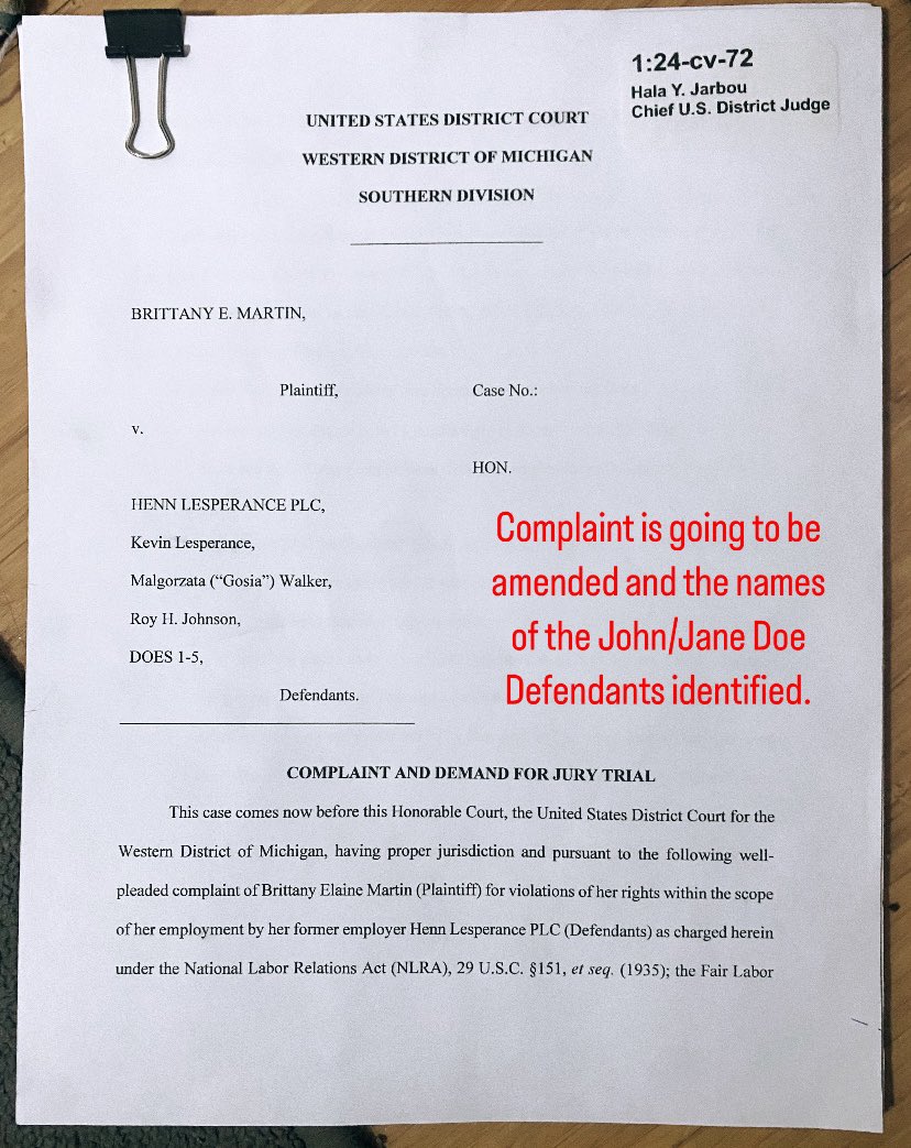 littybritty0211's tweet photo. Against all odds, I officially filed my first lawsuit in connection with this nightmare in US District Court, Western District of Michigan, against my former employer Henn Lesperance PLC, Kevin Lesperance, Gosia Walker, Roy H. Johnson &amp; others. https://t.co/UffaVDdqzL