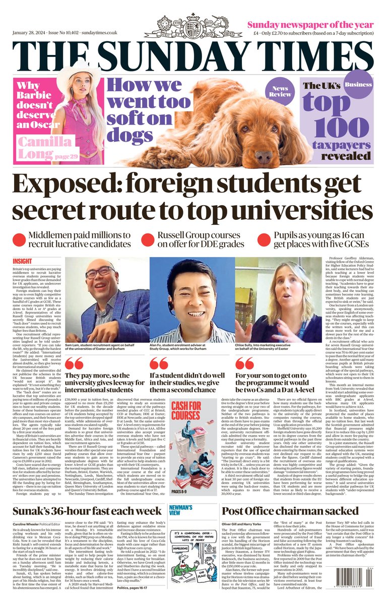 The Sunday Times:  Exposed - foreign students get
secret route to top universities #TomorrowsPapersToday