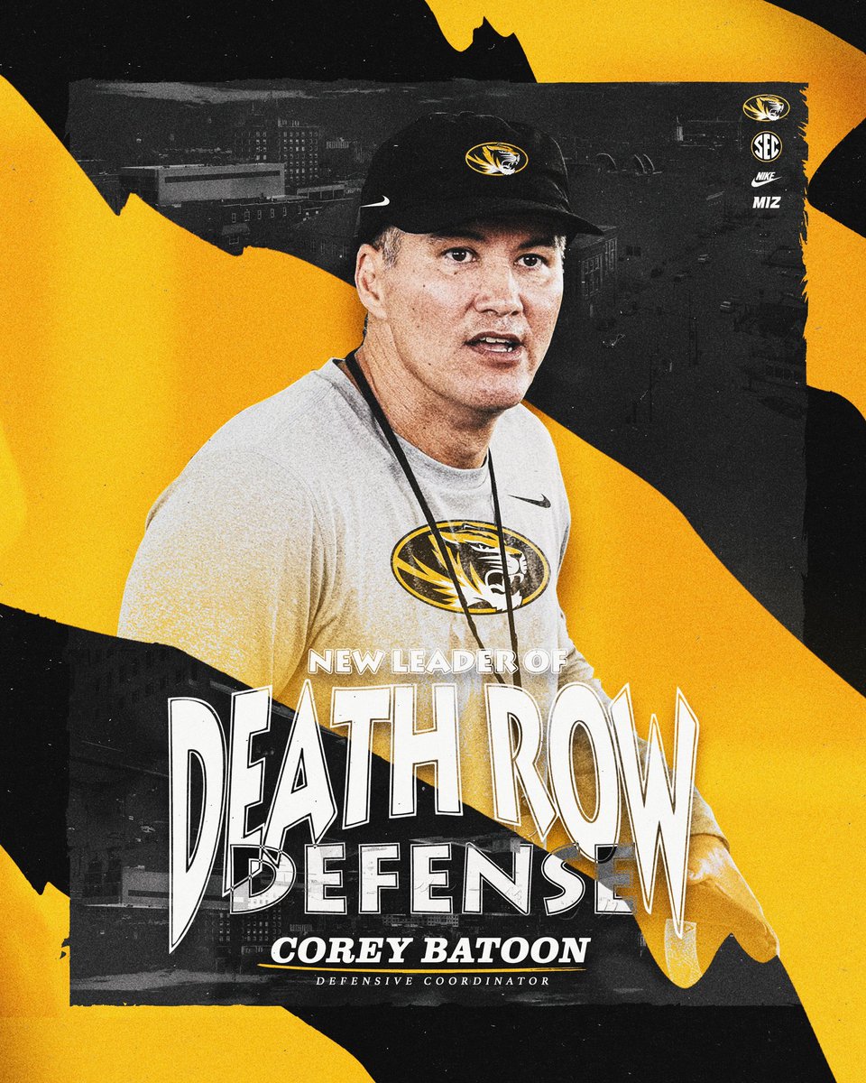 MizzouFootball's tweet photo. New leader. Same mindset. 

Welcome @CoreyBatoon as the Coordinator of @MizzouFootball Death Row Defense.

#MIZ | #STP https://t.co/M1v76EG7PB