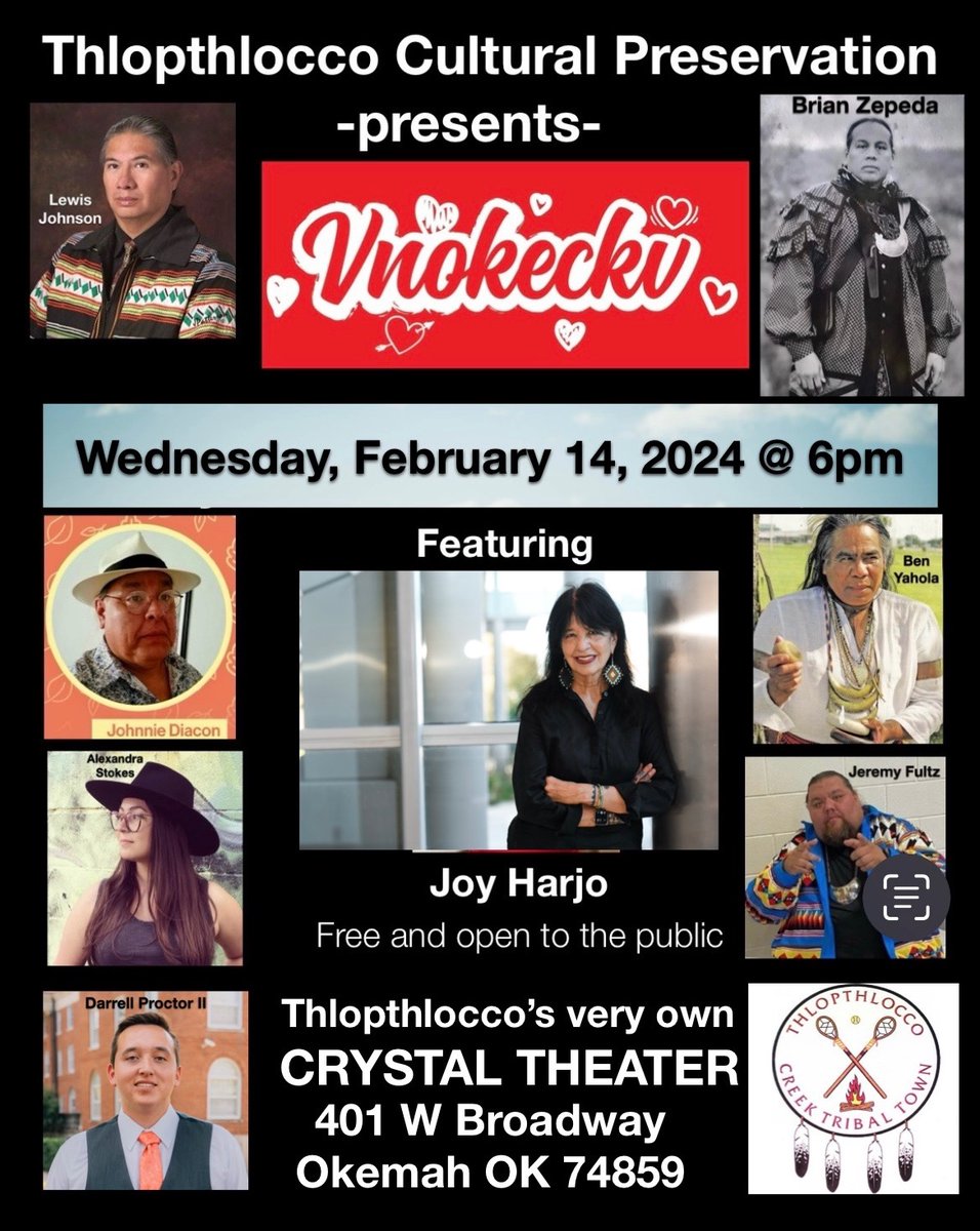 I am honored to be part of the Thlopthlocco Cultural Preservation presentation “Vnokeckv” being held in Okemah, OK at the Cyrstal Theater February 14th at 6:00 PM.