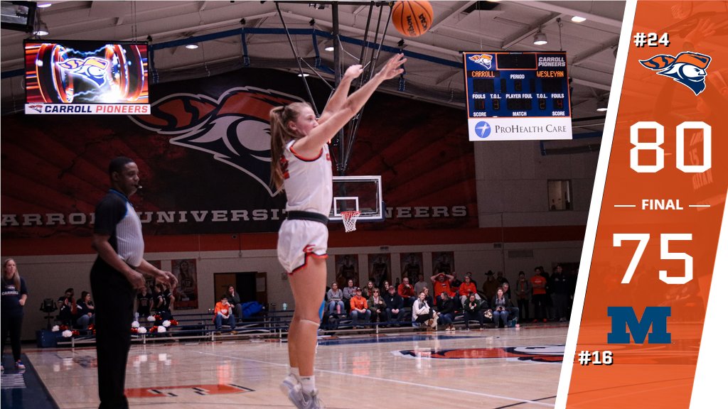 . @carrollu_wbb earns season sweep of Millikin, handing the Big Blue their first home loss in two years (21 games) in this battle of two Top 25 teams. Carroll is now in a first-place tie with Illinois Wesleyan, which plays later tonight #GoPios #d3hoops