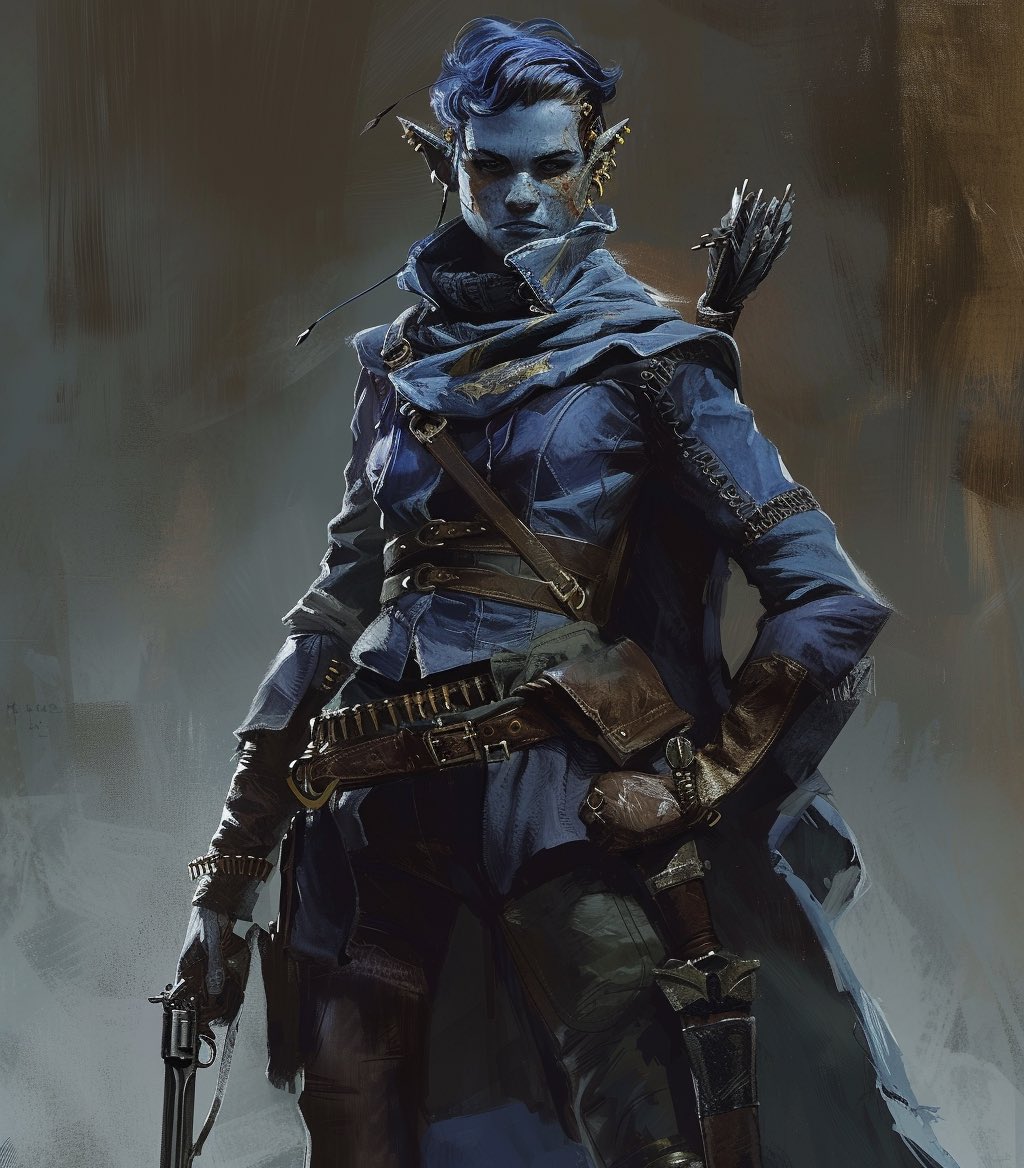 ThysaniaRegina's tweet photo. What’s this? Thysania doing character art?  Hell yeah. #aiart #midjourney #aicharacters #aidnd #indigovibes https://t.co/Nbp9lNPTnK