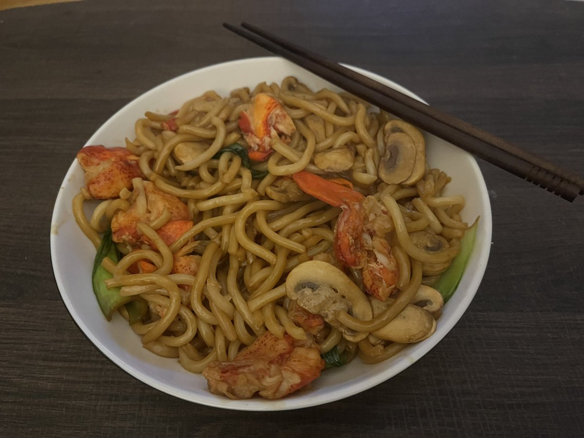 How it started and how it’s ending tonight. Udon noodles, mushrooms, water chestnuts, bamboo shoots, bok choy, and lobster meat in a lobster stock infused mirin broth.