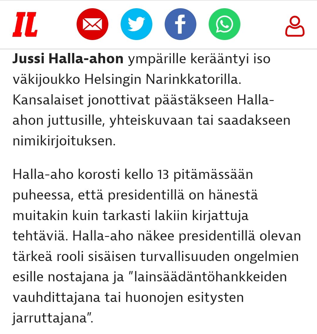 Nyt ehdokas Halla-aho kertoo jo suoraan, että puuttuisi lainsäädäntöhankkeisiin ja jarruttaisi huonoina pitämään. Tätä se ylistetty arvojohtajuus sitten käytännössä olisi. Presidentti sekaantuisi asioihin, jotka eivät kuulu hänen valtaoikeuksiensa piiriin. #presidentinvaalit