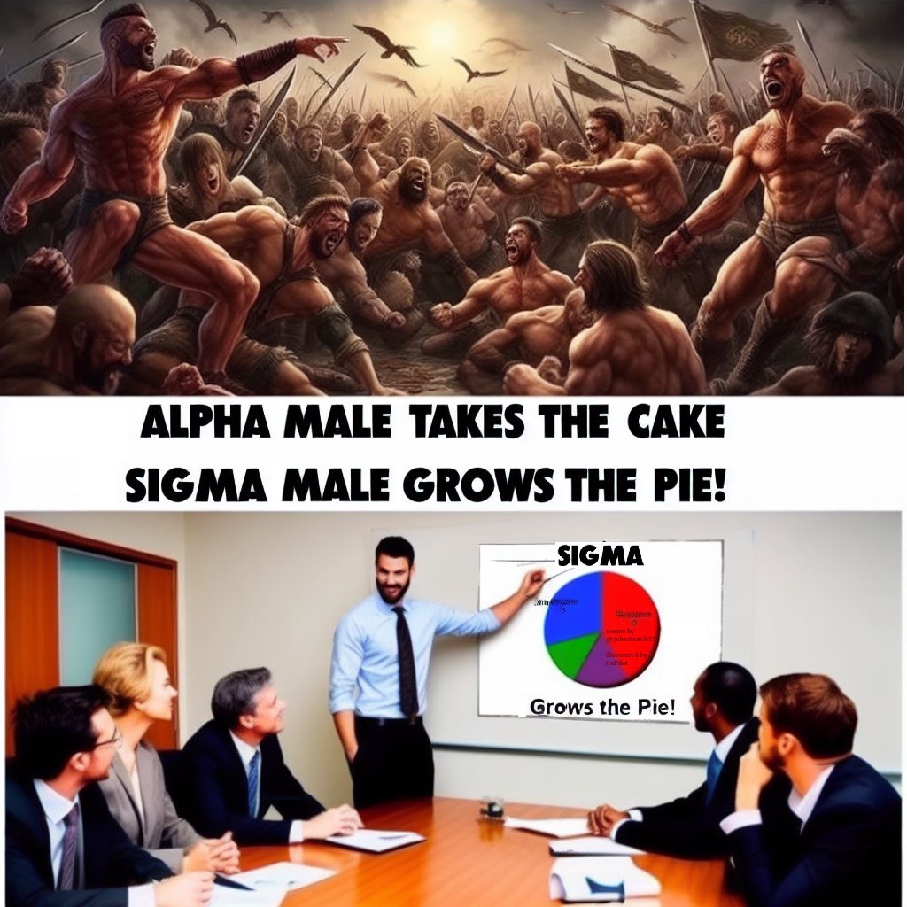 In a world that increasingly celebrates tear-down artists, I created this  meme to inspire my son: ALPHA MALE TAKES THE CAKE, SIGMA MALE GROWS THE  PIE! People can fight over resources and