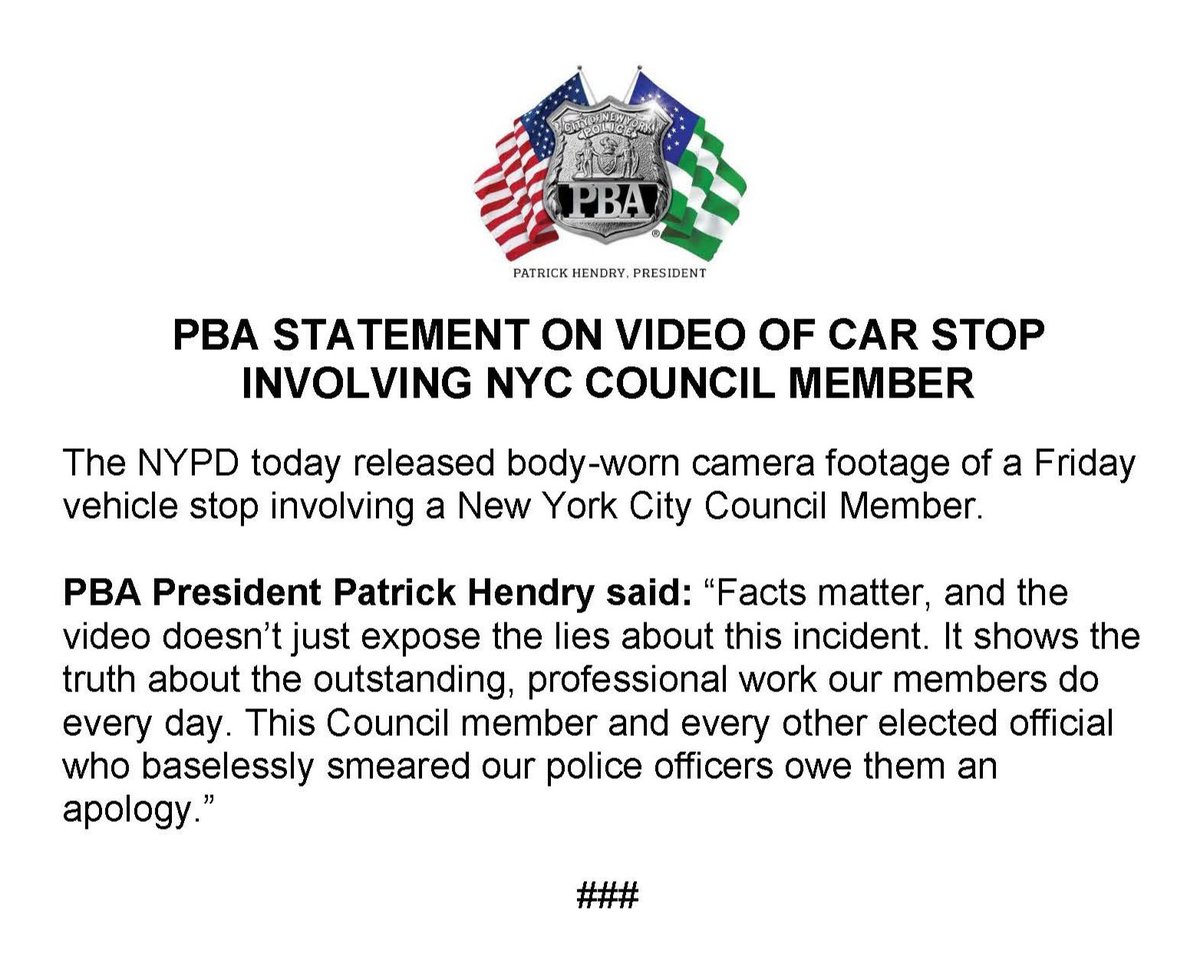 #FactsMatter .@NYCPBA President Patrick Hendry: “This @NYCCouncil member and every other elected official who baselessly smeared our police officers owe them an apology.” Full statement👇👇👇