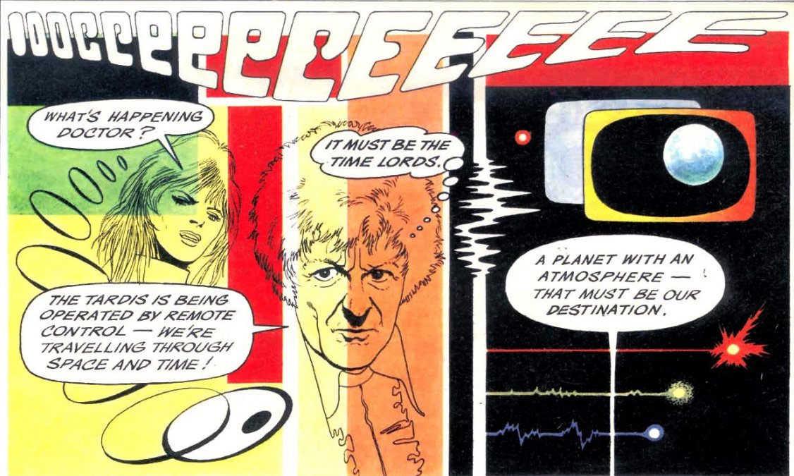 DWUDatabase's tweet photo. Not classing this as a story as it is only the opening scenes of the story but thought it was quite cool that we get a psychedelic comicization of the story in Radio Times #DoctorWho #ColonyinSpace https://t.co/X3zxZNQ5Mr
