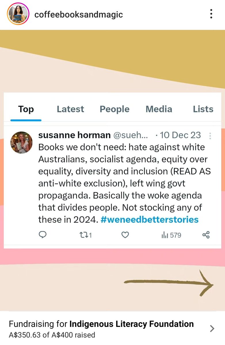 anth0888's tweet photo. The owner of Robinsons bookstores, Susanne Horman at it again 🤔

Remember them previously self imploding over Pete Evans books.

Now basically saying they won't be stocking books from diverse people and referencing a "woke agenda"

This from coffeebooksandmagic on insta
#auspol https://t.co/IF6lcPlDVp
