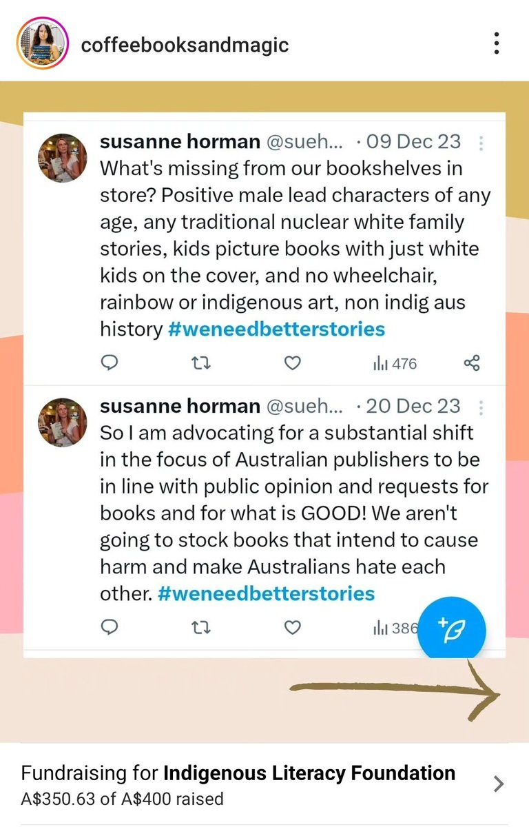The owner of Robinsons bookstores, Susanne Horman at it again 🤔

Remember them previously self imploding over Pete Evans books.

Now basically saying they won't be stocking books from diverse people and referencing a "woke agenda"

This from coffeebooksandmagic on insta
#auspol